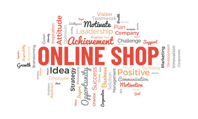 Word cloud background concept for Online shop. Growth your retail or e-commerce business with digital online marketing system. vector illustration.