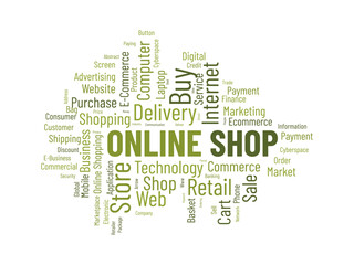 Word cloud background concept for Online shop. Growth your retail or e-commerce business with digital online marketing system. vector illustration.