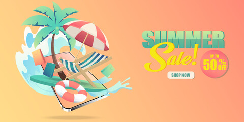  summer sale banner up to 50 percent off on mobile phone.Shopping online on smartphone.summer vacation illustrations for shopping 