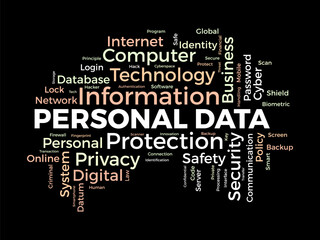 Word cloud background concept for Personal data. Digital safety protection policy used for personal internet security. vector illustration.