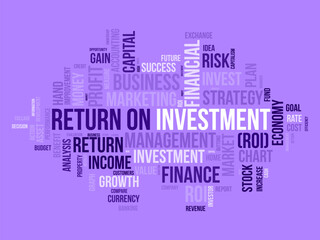 Word cloud background concept for Return on investment (ROI). Business profit performance, financial gain plan of marketing performance.
