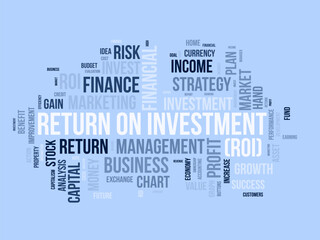 Word cloud background concept for Return on investment (ROI). Business profit performance, financial gain plan of marketing performance.