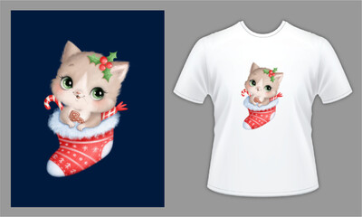 Blue Illustrated Cute Christmas Cat T-Shirt, t-shirt and apparel trendy design, elegant and classic design source, vectors for T-shirts designs, graphics resource for t shirt, t shirt graphics resourc