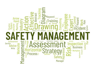 Word cloud background concept for Safety management. Strategic consulting diagram for effective business inspection. vector illustration.