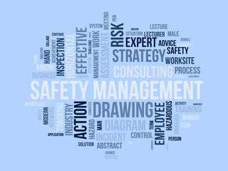 Word cloud background concept for Safety management. Strategic consulting diagram for effective business inspection. vector illustration.