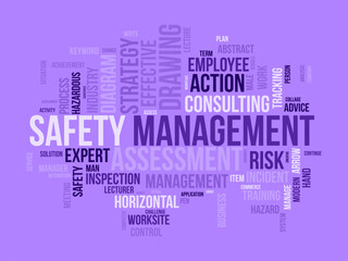Word cloud background concept for Safety management. Strategic consulting diagram for effective business inspection. vector illustration.
