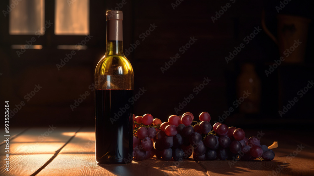 Poster a bottle of wine next to a bunch of grapes. ai generative image