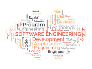 Fototapeta premium Word cloud background concept for Software engineering. computer programming system, cloud technology development of application management. vector illustration.
