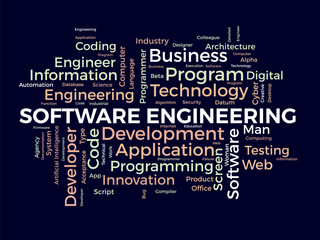 Word cloud background concept for Software engineering. computer programming system, cloud technology development of application management. vector illustration.