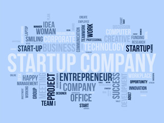 Obraz premium Word cloud background concept for Startup Company. Entrepreneurship idea, project innovation opportunity of corporate plan. vector illustration.