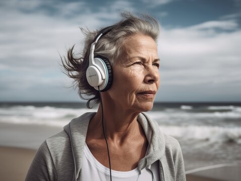 Sportliche Herausforderung. Attraktive ältere Frau mit Kopfhörern und langem Haar trainiert am Strand, generative AI.