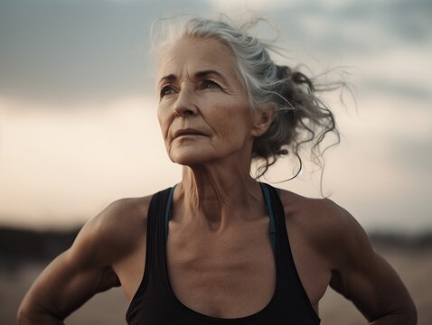 Sportliche Herausforderung. Attraktive ältere Frau mit Kopfhörern und langem Haar trainiert am Strand, generative AI.
