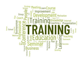 Word cloud background concept for Training. Professional career development with business workshop conference skill study. vector illustration.