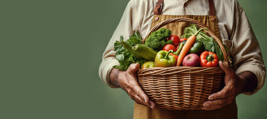 Agriculture and harvest. Farmer with basket full of vegetables on pastel green background with space for text. Copy space. Agriculture concept AI Generative