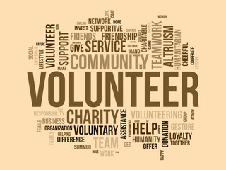 Word cloud background concept for volunteer. Charity support, community help work, care of humanitarian support service. vector illustration.