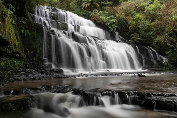 Fototapeta premium Waterfall on a foggy mountain to the river in New Zealand.