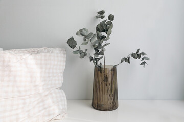 Elegant interor still life. Amber glass vase with bouquet of dry eucalyptus tree branches on white table, night stand. Bed with beige gingham pillow. Sage green wall background. Rustic bedroom view.