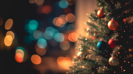 Obraz na płótnie Canvas Festive Christmas tree on a blurred background with bokeh, generative AI.