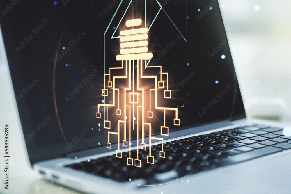 Poster Creative idea concept with light bulb and microcircuit illustration on modern laptop background. Neural networks and machine learning concept. Multiexposure