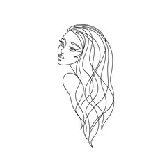 Woman with long hair abstract portrait, continuous line drawing, girl is a single line on a white background, Vector illustration. Tattoo, print and logo design for spa or beauty salon. 
