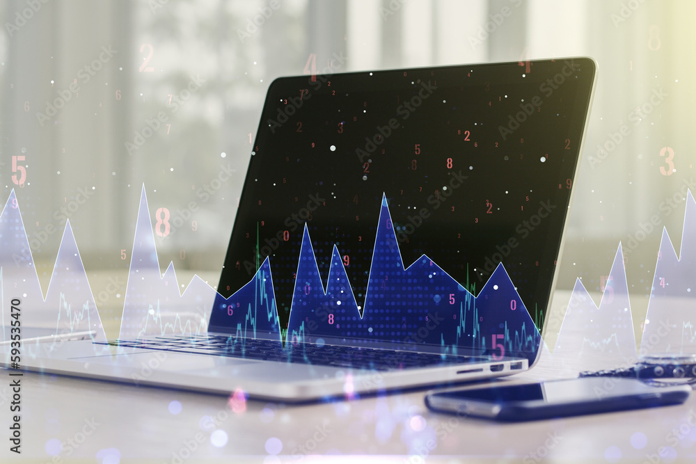 Poster multi exposure of abstract statistics data hologram interface on computer background, computing and 