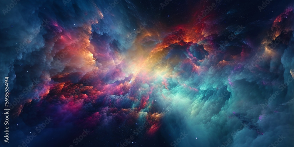 Wall mural galaxy universe background with multicolored fractal nebula dust. generative ai