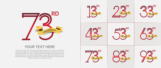 set of anniversary logotype red color with golden ribbon for special celebration event