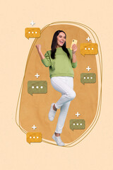Artwork magazine collage picture of lucky excited lady getting many feedback emails modern device...