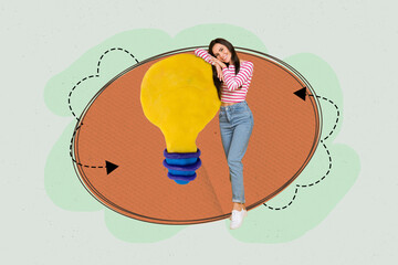 Creative retro 3d magazine collage image of dreamy thoughtful lady having great cool idea isolated...