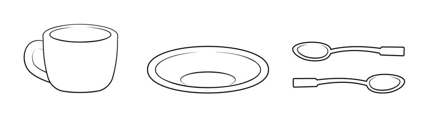 Cup, saucer and spoon icons drawn in a linear style, minimalism. Design for menu, cafe, greeting cards, posters, t-shirts, banners, print invitations. Vector. Doodle. Coffee set.