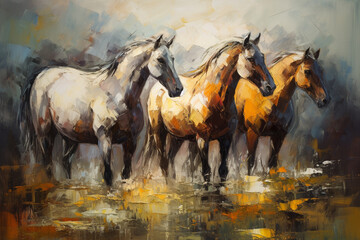Thundering Hooves: An Impressionistic Painting of Horses in Rich, Warm Colors and Bold Brushstrokes