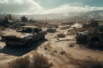 Obraz na płótnie Canvas Mad Max-Inspired Post-Apocalyptic Wasteland Scene Generative AI