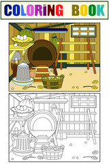 Set interior of an agricultural building coloring background and color. Chicken coop with furniture and items example. © toricheks