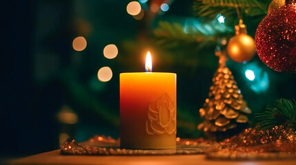 Christmas background with a burning candle and decor details, generative AI.