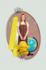 Photo cartoon comics sketch collage picture of doubtful unsure lady scared going new school...