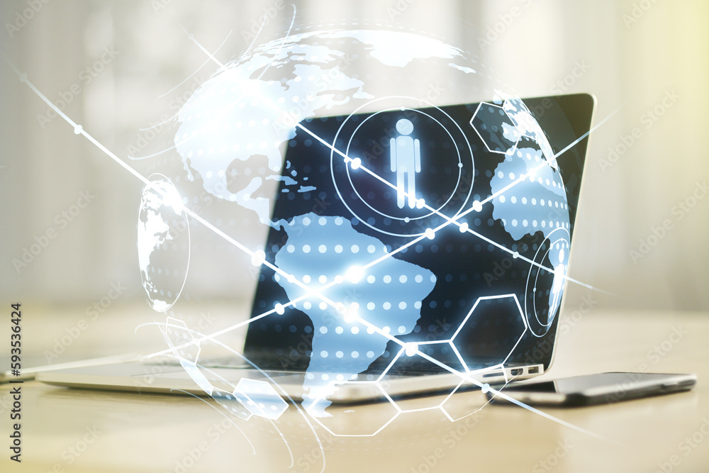 Poster social network media concept with world map and modern computer on background. double exposure