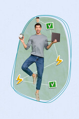 Artwork magazine collage picture of excited funny guy working modern gadget regime schedule...