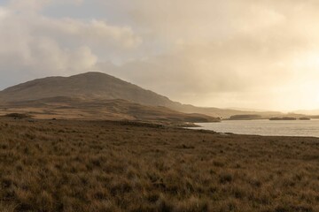 Scenic shot of a field on the coast of a lake in the Galway, Connemara, Ireland