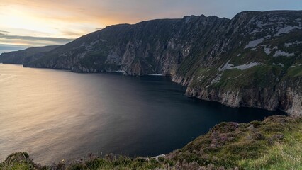 Fototapeta na wymiar Drone sunset over a sea shore near the Slieve league cliffs in Ireland, cool for background