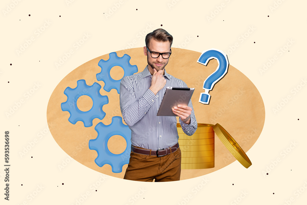 Aufkleber Collage 3d pinup pop retro sketch image of thoughtful intelligent guy creating new modern gadget app isolated painting background
