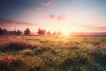 Obraz na płótnie Canvas World environment day concept: Beautiful meadow and pink sky autumn sunrise background. Generative AI