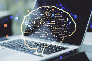 Double exposure of creative human brain microcircuit with computer on background. Future technology and AI concept