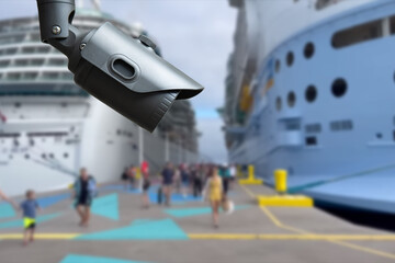 CCTV camera on the background of a cruise ship.
