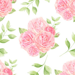 Fresh spring roses watercolor flowers seamless pattern