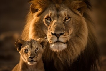 A male lion and its cub are beautifully captured in a portrait photography composition