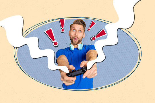 Collage portrait of impressed guy hold controller playing video games tryhard steam exclamation mark isolated on beige background