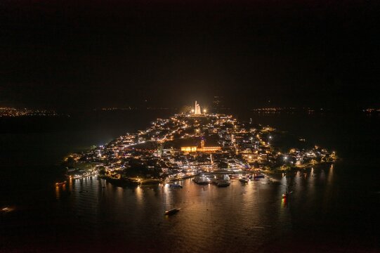 Aerial shot of Janitzio island at night in Lake Patzcuaro in the state of Michoacan, Mexico.