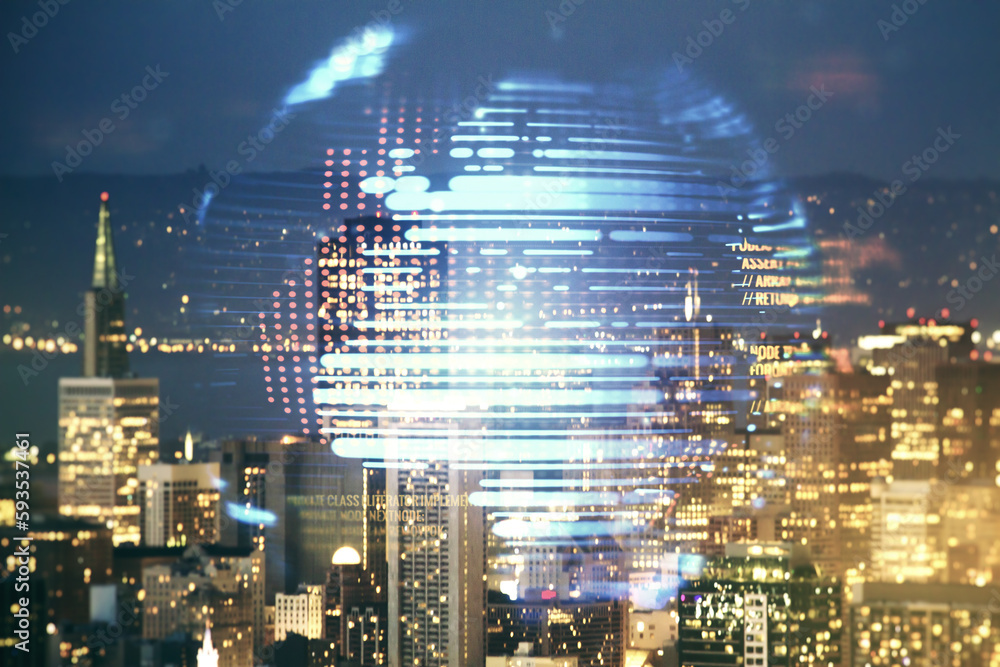 Poster multi exposure of abstract creative coding sketch and world map on san francisco city skyline backgr