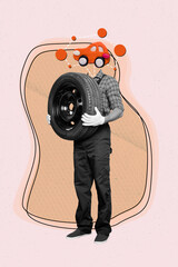 Creative retro 3d magazine collage image of auto repairman car instead head holding wheel isolated...