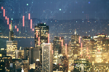 Abstract virtual crisis chart illustration on San Francisco skyline background. Global crisis and bankruptcy concept. Multiexposure